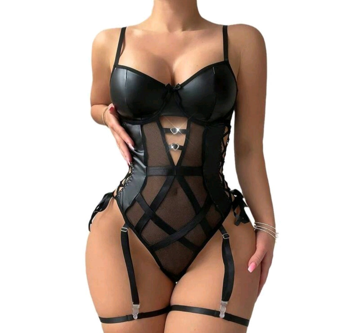 Sassy Yasi - Mesh Lingerie Set with Faux Leather Details