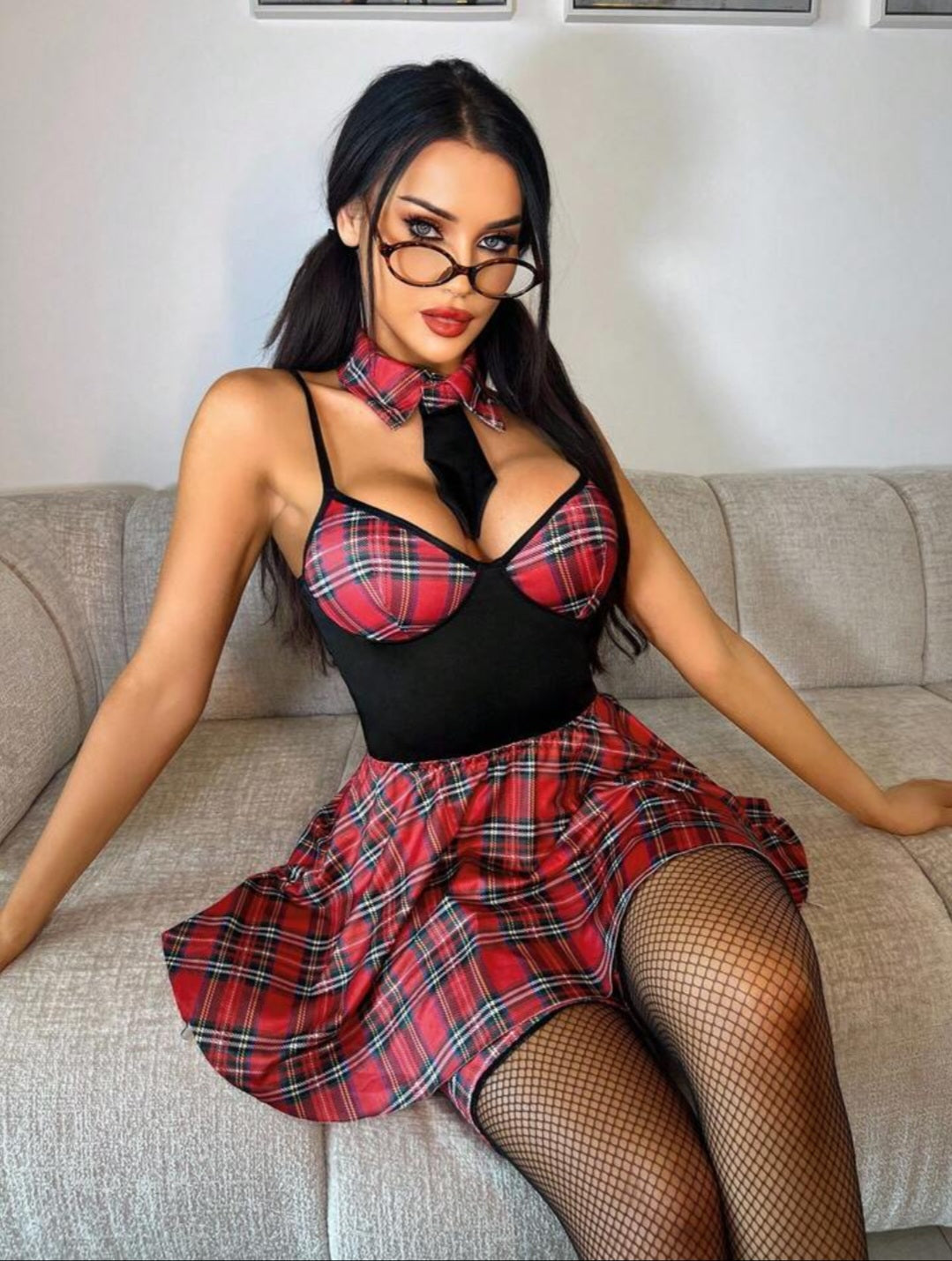 Sassy Yasi Seductive Red Plaid Temptation Lingerie Set/ costume set